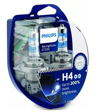 Автолампы Philips H4 RacingVision GT200 +200% 60/55W 12V P43T 12342RGTS2