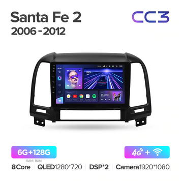 Штатная магнитола Teyes CC3 6+128 Gb 360&deg; Hyundai Santa Fe 2 2006-2012 9"