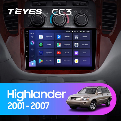 Штатная магнитола Teyes CC3 2K 6+128 Gb Toyota Highlander 1 XU20 2001-2007 9"