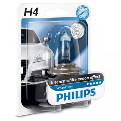 Автолампы Philips H4 WhiteVision +60% 4300K 12342WHVB1