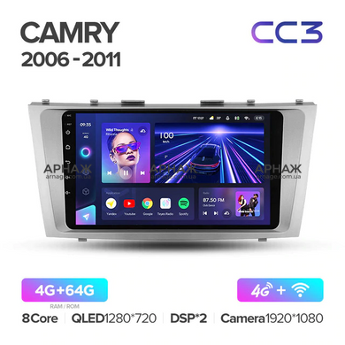 Штатна магнітола Teyes CC3 4GB+64GB 4G+WiFi Toyota Camry 40 (2006-2011)