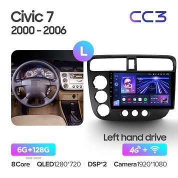 Штатная магнитола Teyes CC3 6+128 Gb Honda Civic 7 2000-2006 9"