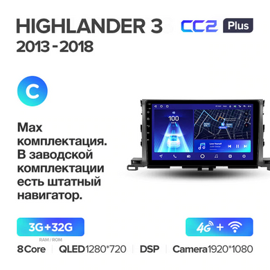 Штатна магнітола Teyes CC2 Plus 3GB+32GB 4G+WiFi Toyota Highlander (2013-2018)